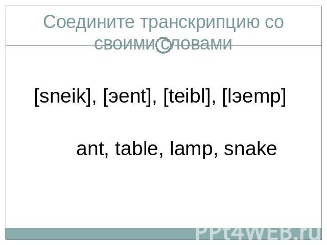 Соедините транскрипцию со своими словами[sneik], [эent], [teibl], [lэemp] ant, table, lamp, snake