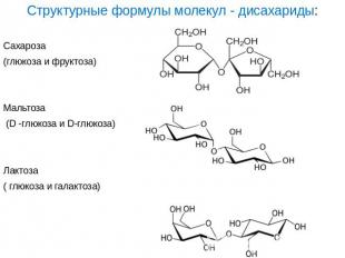 Структурные формулы молекул - дисахариды:Сахароза (глюкоза и фруктоза)Мальтоза (
