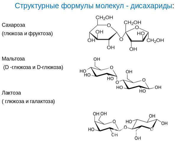 Структурные формулы молекул - дисахариды:Сахароза (глюкоза и фруктоза)Мальтоза (D -глюкоза и D-глюкоза)Лактоза ( глюкоза и галактоза)