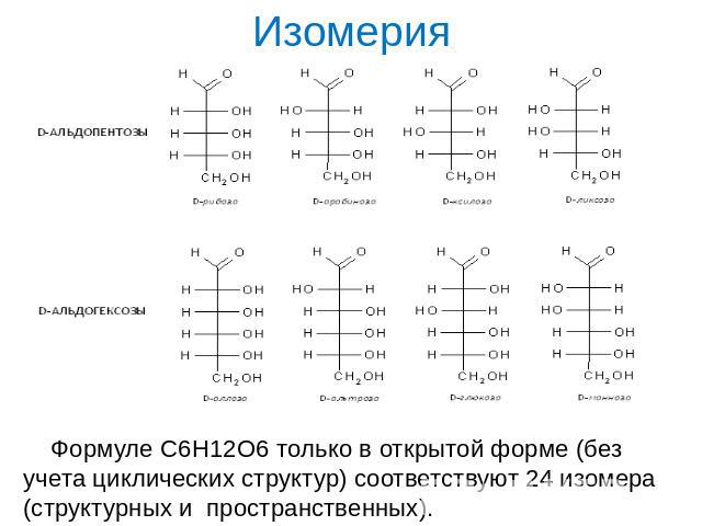 ИзомерияФормуле С6Н12О6 только в открытой форме (без учета циклических структур) соответствуют 24 изомера (структурных и пространственных). 