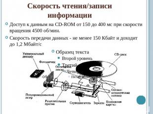 Скорость чтения/записи информацииДоступ к данным на CD-ROM от 150 до 400 мс при