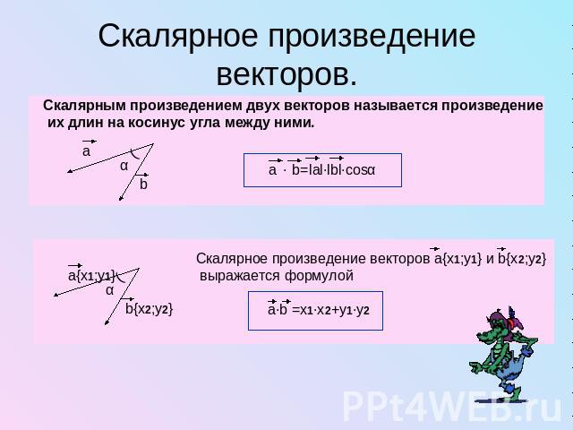 Скалярное произведение векторов.Скалярным произведением двух векторов называется произведение их длин на косинус угла между ними.Cкалярное произведение векторов a{x1;y1} и b{x2;y2} выражается формулой а·b =x1·x2+y1·y2