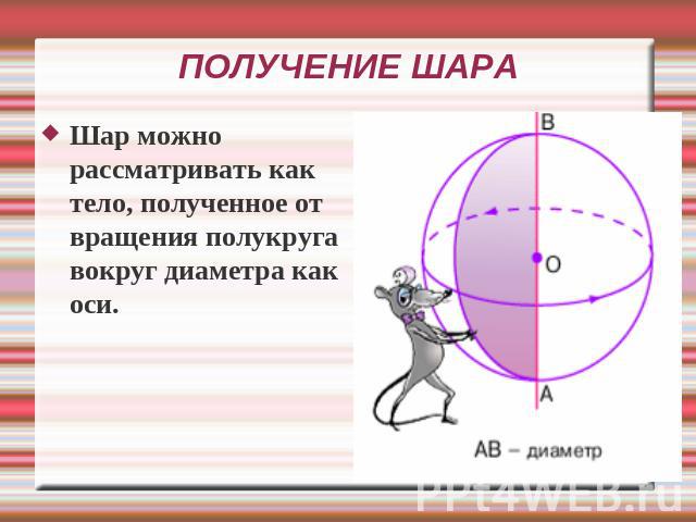 ПОЛУЧЕНИЕ ШАРАШар можно рассматривать как тело, полученное от вращения полукруга вокруг диаметра как оси.