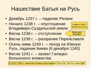 Нашествие Батыя на Русь Декабрь 1237 г. – падение Рязани Начало 1238 г. – опусто