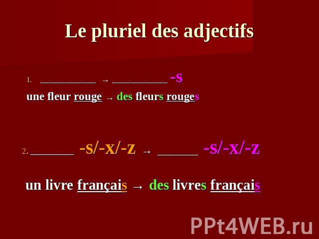 Le pluriel des adjectifs2. __________ -s/-x/-z → _______ -s/-x/-z un livre français → des livres français
