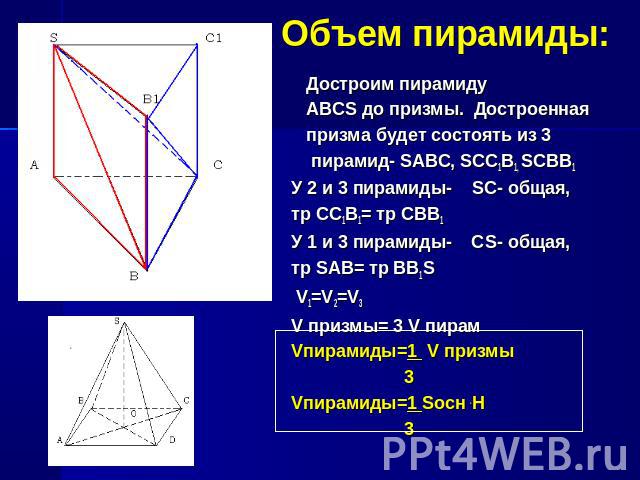 Объем пирамиды:Достроим пирамиду ABCS до призмы. Достроенная призма будет состоять из 3 пирамид- SABC, SCC1B1, SCBB1У 2 и 3 пирамиды- SC- общая,тр CC1B1= тр CBB1У 1 и 3 пирамиды- СS- общая,тр SAB= тр BB1S V1=V2=V3V призмы= 3 V пирамVпирамиды=1 V призмы 3