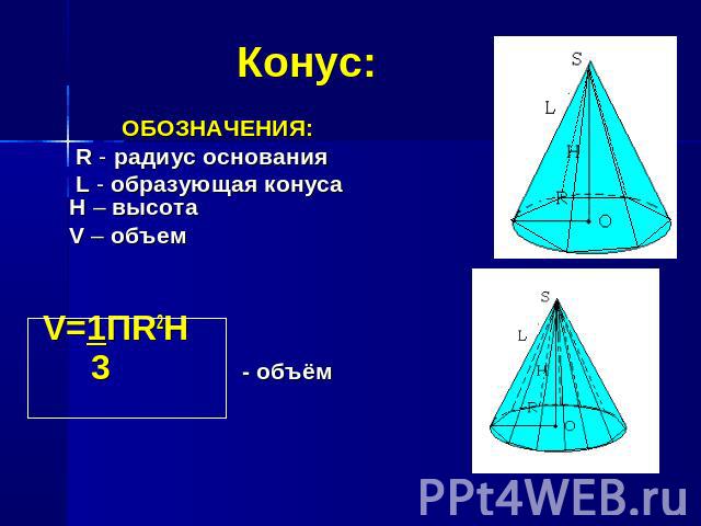 Конус: ОБОЗНАЧЕНИЯ: R - радиус основания L - образующая конусаH – высота V – объем V=1ПR2Н 3 - объём