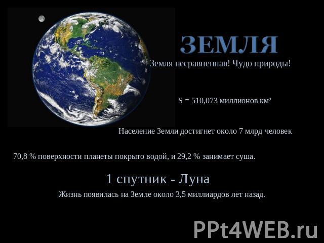Земля несравненная! Чудо природы!S = 510,073 миллионов км²Население Земли достигнет около 7 млрд человек70,8 % поверхности планеты покрыто водой, и 29,2 % занимает суша.1 спутник - ЛунаЖизнь появилась на Земле около 3,5 миллиардов лет назад.