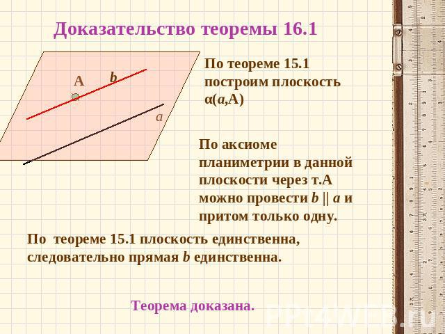Доказательство теоремы 16.1По теореме 15.1 построим плоскость α(а,А)По аксиоме планиметрии в данной плоскости через т.А можно провести b || a и притом только По теореме 15.1 плоскость единственна, следовательно прямая b единственна.Теорема доказана.