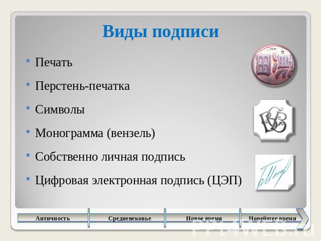 Виды подписиПечатьПерстень-печаткаСимволыМонограмма (вензель)Собственно личная подписьЦифровая электронная подпись (ЦЭП)