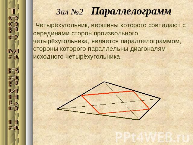 Зал №2 ПараллелограммЧетырёхугольник, вершины которого совпадают с серединами сторон произвольного четырёхугольника, является параллелограммом, стороны которого параллельны диагоналям исходного четырёхугольника.