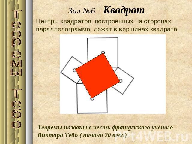 Зал №6 КвадратЦентры квадратов, построенных на сторонах параллелограмма, лежат в вершинах квадрата  . Теоремы названы в честь французского учёного Виктора Тебо ( начало 20 века)