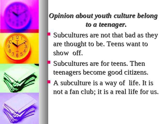 Opinion about youth culture belong to a teenager.Subcultures are not that bad as they are thought to be. Teens want to show off.Subcultures are for teens. Then teenagers become good citizens.A subculture is a way of life. It is not a fan club; it is…