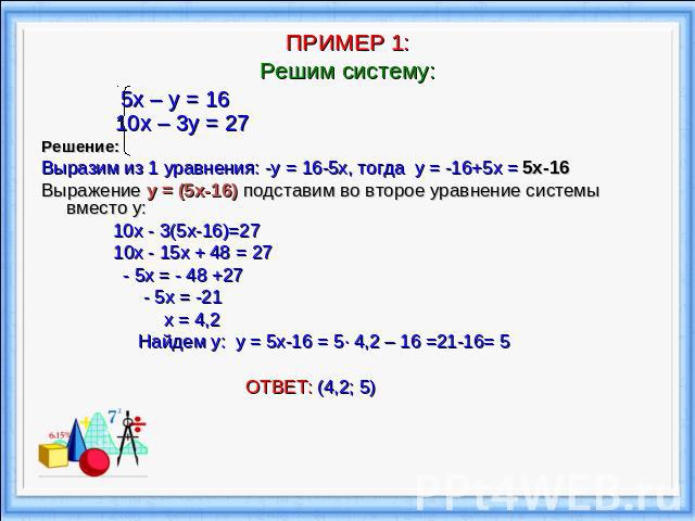 ПРИМЕР 1:Решим систему: 5х – у = 16 10х – 3у = 27 Решение:Выразим из 1 уравнения: -у = 16-5x, тогда y = -16+5x = 5х-16Выражение у = (5х-16) подставим во второе уравнение системы вместо у: 10x - 3(5x-16)=27 10x - 15x + 48 = 27 - 5x = - 48 +27 - 5x = …