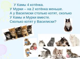 У Камы 4 котёнка. У Мурки – на 2 котёнка меньше.А у Василиски столько котят, ско