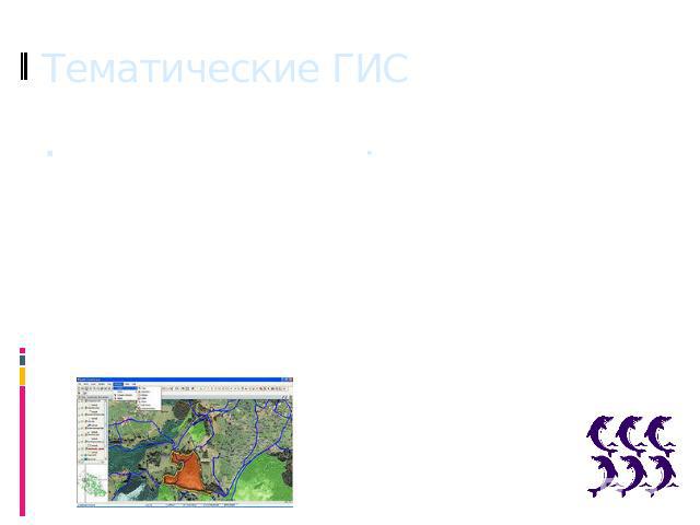 Тематические ГИСВ настоящее время в России создается государственный земельный кадастр – информационная система, содержащая реестр сведений о земле, находящейся в хозяйственном обороте.ГИС «Черное море», созданная несколько лет назад усилиями прилег…