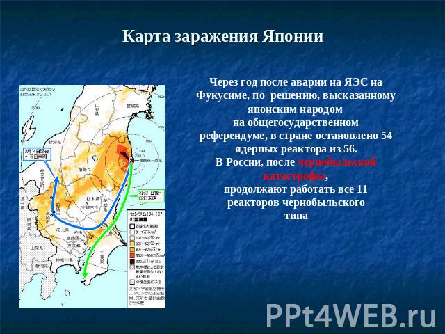 Карта заражения Японии Через год после аварии на ЯЭС на Фукусиме, по решению, высказанному японским народом на общегосударственном референдуме, в стране остановлено 54 ядерных реактора из 56. В России, после чернобыльской катастрофы, продолжают рабо…