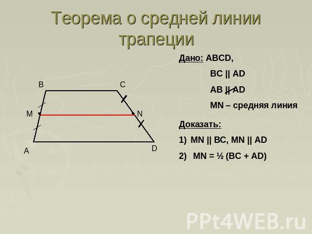 Теорема о средней линии трапецииДано: ABCD, BC || ADAB || ADMN – средняя линия