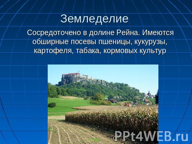 Земледелие Сосредоточено в долине Рейна. Имеются обширные посевы пшеницы, кукурузы, картофеля, табака, кормовых культур