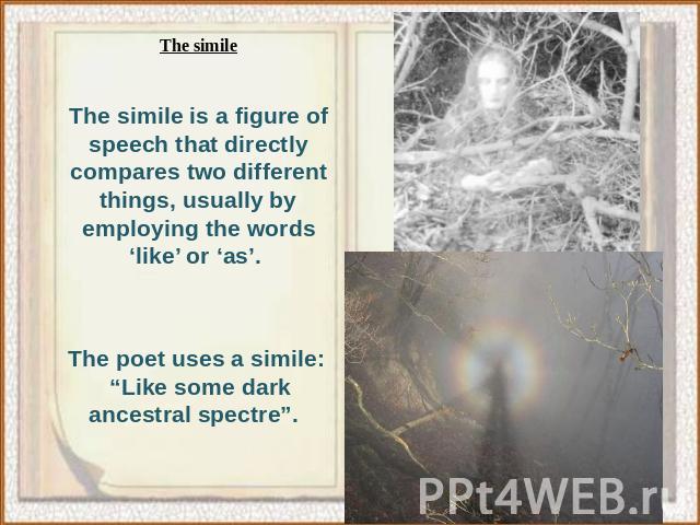 The simile is a figure of speech that directly compares two different things, usually by employing the words ‘like’ or ‘as’. The poet uses a simile: “Like some dark ancestral spectre”.