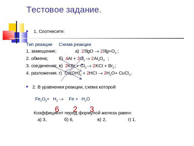 Тестовое задание.1. Соотнесите:Тип реакции Схема реакции 1. замещения; а) 2gO 2g+O2 ;2. обмена;б) 4AI + 3O2 2AI2O3 ;3. соединения;в) 2KBr + CI2 2KCI + Br2 ;4. разложения.г) Сu(OH)2 + 2HCI 2H2O+ CuCI2 .2. В уравнении реакции, схема которой Fe2O3+ H2 …