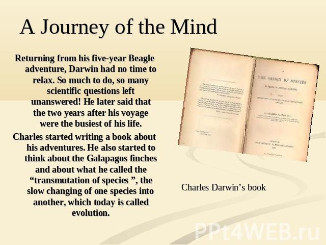 Returning from his five-year Beagle adventure, Darwin had no time to relax. So much to do, so many scientific questions left unanswered! He later said that the two years after his voyage were the busiest of his life.Charles started writing a book ab…