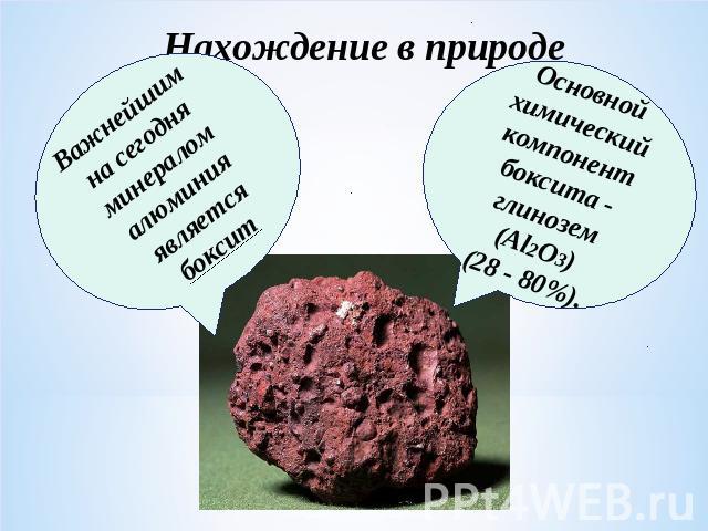 Важнейшим на сегодня минералом алюминия является бокситОсновной химический компонент боксита - глинозем (Al2O3) (28 - 80%).