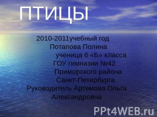 ПТИЦЫ 2010-2011учебный год Потапова Полина ученица 6 «Б» класса ГОУ гимназии №42