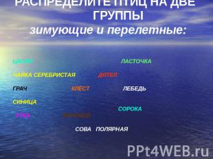 РАСПРЕДЕЛИТЕ ПТИЦ НА ДВЕ ГРУППЫ зимующие и перелетные:ЦАПЛЯ ЛАСТОЧКАЧАЙКА СЕРЕБР