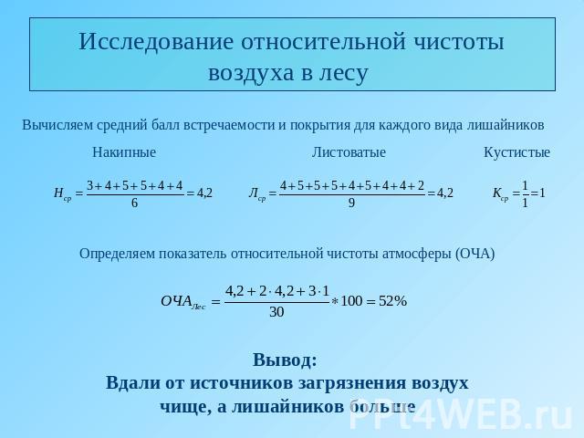 Исследование относительной чистоты воздуха в лесу Вывод: Вдали от источников загрязнения воздухчище, а лишайников больше