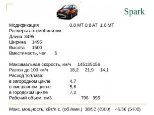 Spark Модификация 0.8 MT0.8 AT1.0 MT Размеры автомобиля мм. Длина3495 Ширина1495