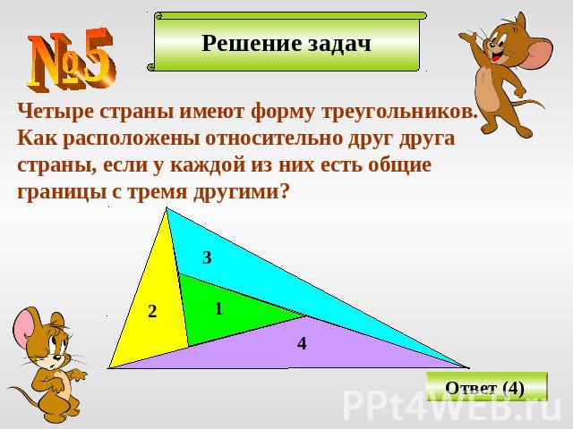 Четыре страны имеют форму треугольников.Как расположены относительно друг другастраны, если у каждой из них есть общиеграницы с тремя другими?