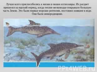 Лучше всего приспособились к жизни в океане ихтиозавры. Их расцвет пришелся на ю