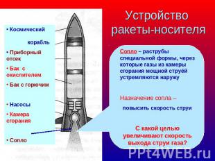 Устройство ракеты-носителя Сопло – раструбы специальной формы, через которые газ
