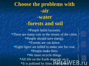 Choose the problems with-air-water-forests and soilPeople build factories.There