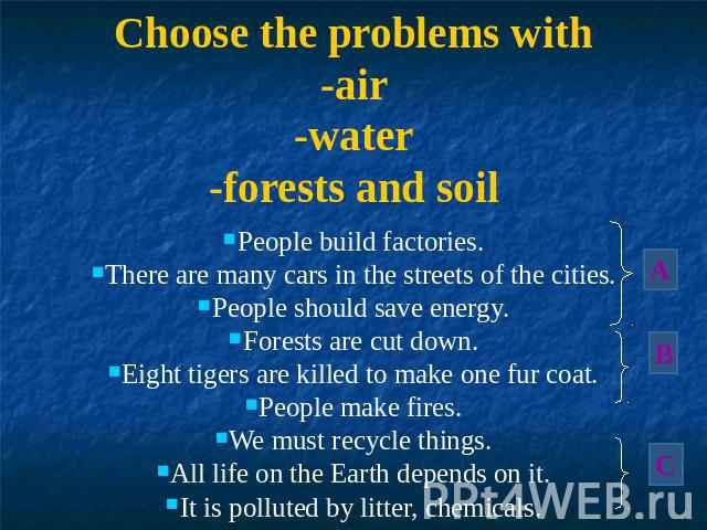 Choose the problems with-air-water-forests and soilPeople build factories.There are many cars in the streets of the cities.People should save energy.Forests are cut down.Eight tigers are killed to make one fur coat.People make fires.We must recycle …