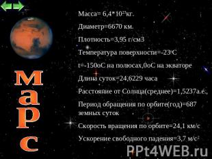 марс Maccа= 6,4*1023кг. Диаметр=6670 км. Плотность=3,95 г/см3 Температура поверх