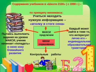Содержание учебников в «Школе 2100» ( с 1998 г.) – по принципу минимакса: Учитьс