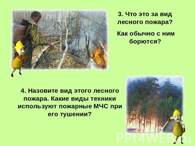 3. Что это за вид лесного пожара? Как обычно с ним борются? Назовите вид этого лесного пожара. Какие виды техники используют пожарные МЧС при его тушении?