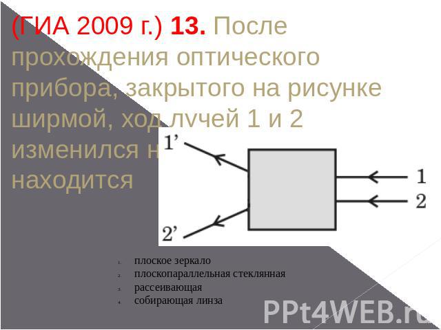 (ГИА 2009 г.) 13. После прохождения оптического прибора, закрытого на рисунке ширмой, ход лучей 1 и 2 изменился на 1′ и 2′. За ширмой находится