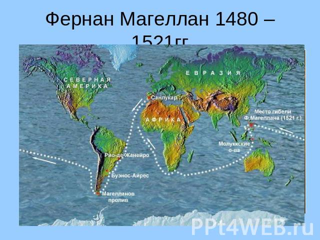 Фернан Магеллан 1480 – 1521гг Совершил кругосветное путешествие, открыл Магелланов пролив.
