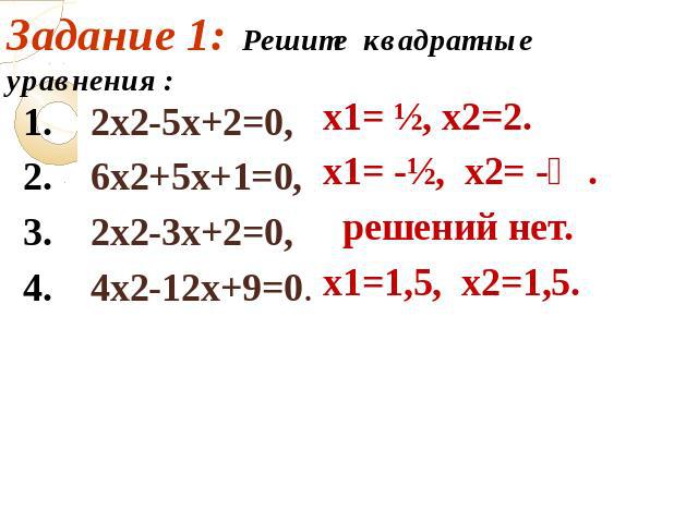 Задание 1: Решите квадратные уравнения : 1. 2х2-5х+2=0, 2. 6х2+5х+1=0, 3. 2х2-3х+2=0, 4. 4х2-12х+9=0.