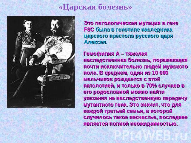 «Царская болезнь» Это патологическая мутация в гене F8C была в генотипе наследника царского престола русского царя Алексея. Гемофилия А – тяжелая наследственная болезнь, поражающая почти исключительно людей мужского пола. В среднем, один из 10 000 м…