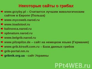 Некоторые сайты о грибах www.grzyby.pl – Считается лучшим микологическим сайтом