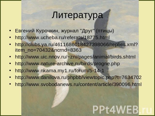 Литература Евгений Курочкин, журнал "Друг" (птицы) http://www.ucheba.ru/referats/18775.html http://clubs.ya.ru/4611686018427398066/replies.xml?item_no=70432&ncrnd=8363 http://www.uic.nnov.ru/~zni/pages/animal/birds.shtml http://www.nat…
