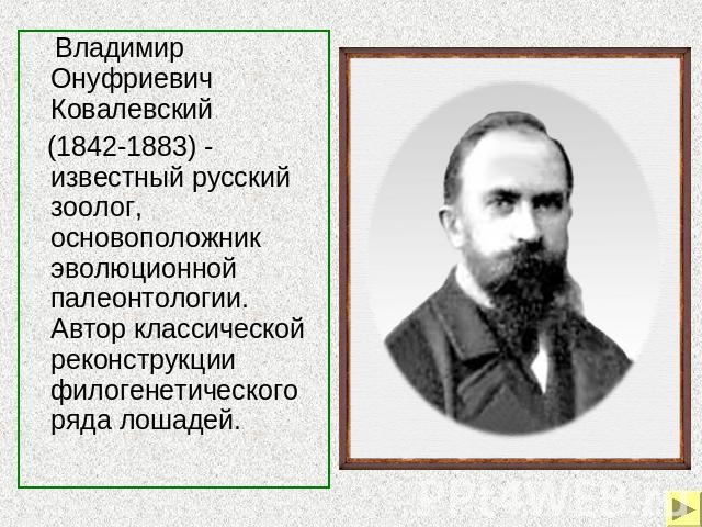 Владимир Онуфриевич Ковалевский (1842-1883) - известный русский зоолог, основоположник эволюционной палеонтологии. Автор классической реконструкции филогенетического ряда лошадей.