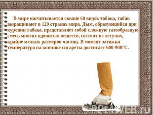 В мире насчитывается свыше 60 видов табака, табак выращивают в 120 странах мира.