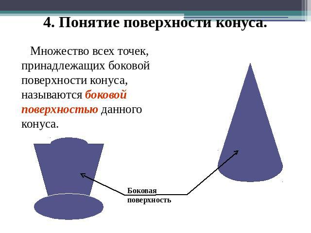 4. Понятие поверхности конуса. Множество всех точек, принадлежащих боковой поверхности конуса, называются боковой поверхностью данного конуса.