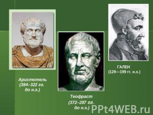 Аристотель (384–322 гг. до н.э.) Теофраст (372–287 гг. до н.э.) ГАЛЕН (129—199 г