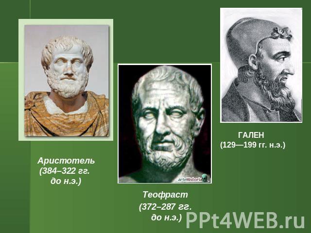 Аристотель (384–322 гг. до н.э.) Теофраст (372–287 гг. до н.э.) ГАЛЕН (129—199 гг. н.э.)